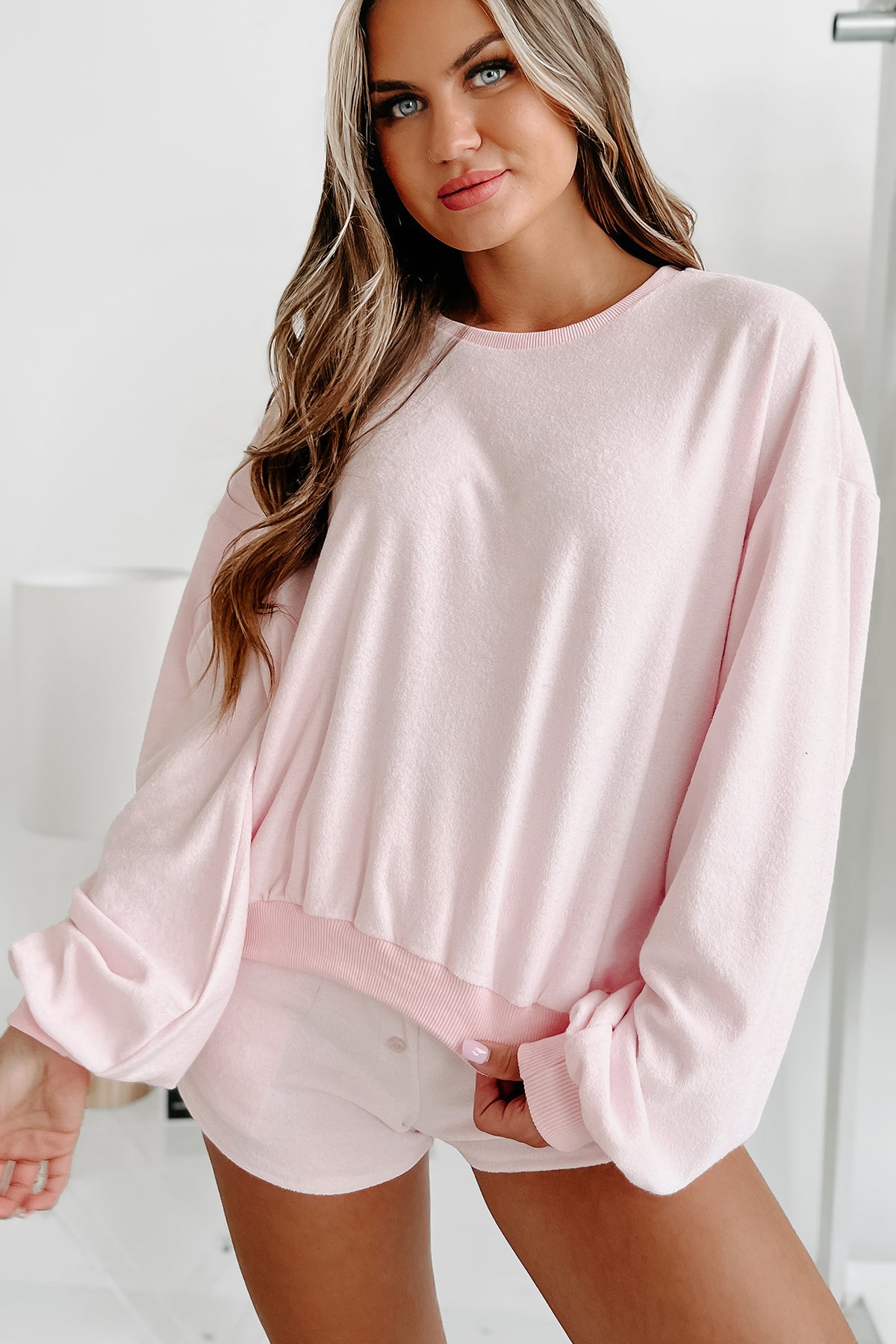 Cozy State Terry Knit Sweatshirt & Shorts Set (Light Pink) Sweet Generis  Get the Look for lower cost
