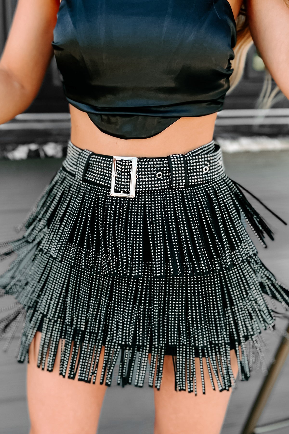 Shop It's Showtime Rhinestone Fringe Mini Skirt (Black) Kiwi and