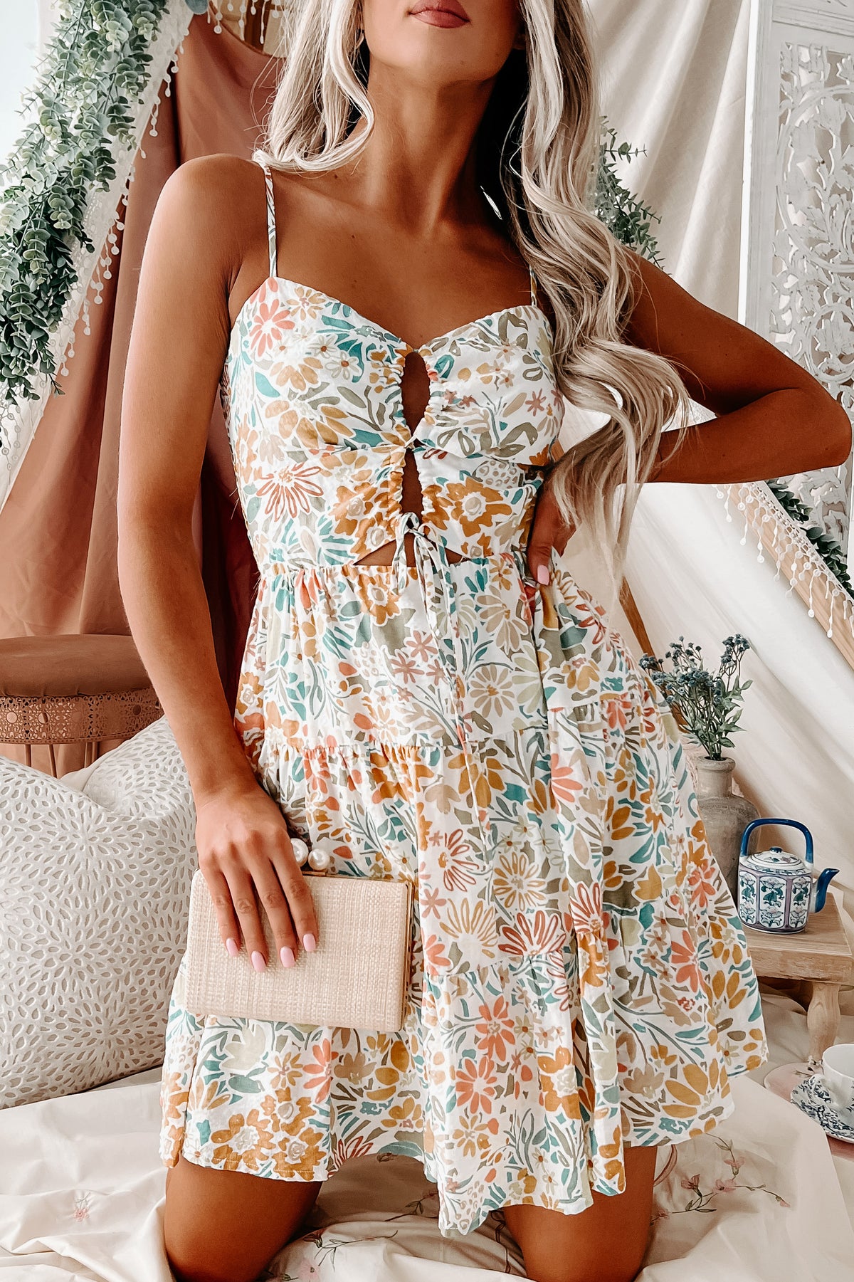 Sharing Sweet Moments Floral Cut-Out Mini Dress (Ivory Multi) Illa Illa  Visit us online! Find the perfect product for you